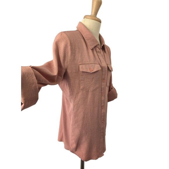 Cavalini Pink Button-Up Shirt Women Sz PL Roll-Tab Slv Collared Rib Knit Detail - Picture 6 of 9